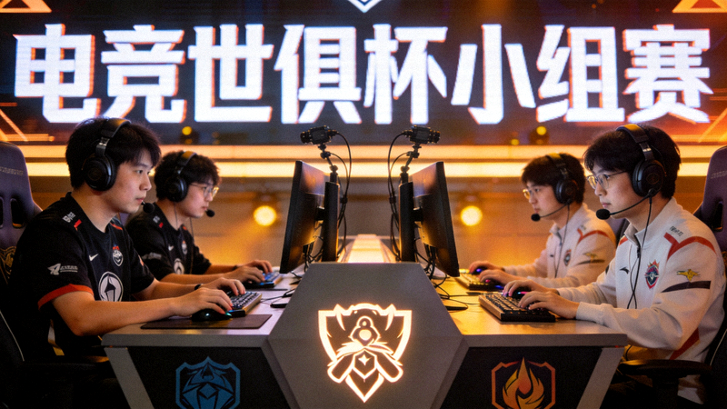电竞世俱杯小组赛现场，两支战队在比赛台对坐进行对局