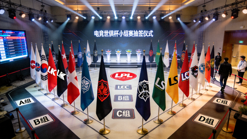 电竞世俱杯小组赛抽签仪式现场，各赛区代表战队旗帜排列